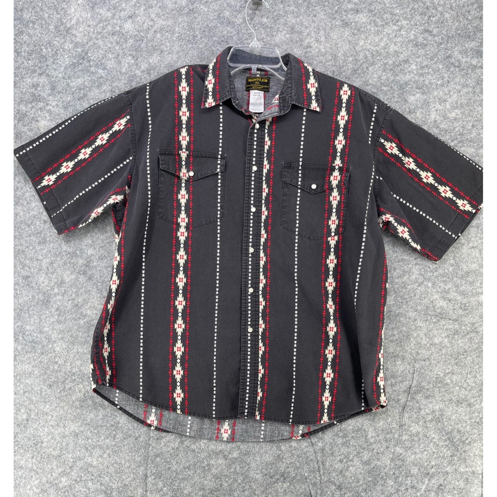 VTG Rustler Western Shirt Men XL Black Aztec Southwestern Pearl Snap Cowboy S/S